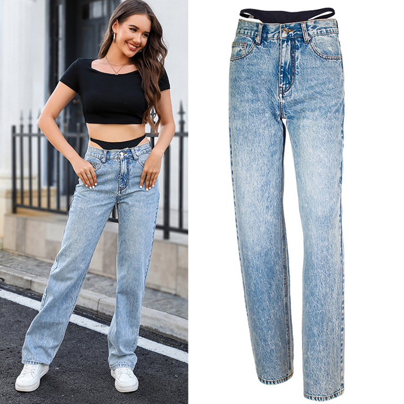 Streetwear Brand Denim - Gefälschte Zweiteilige Nähte Gerade Jeans Frauen